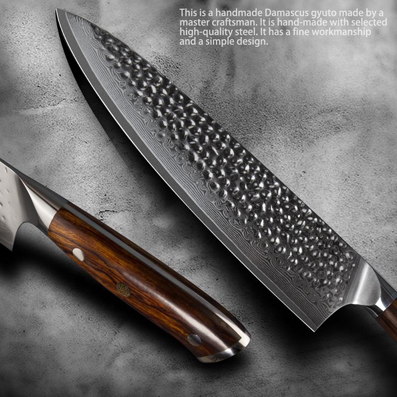 8.5 Inch Full Tang Kitchen Gyuto Knife, 73 Layers Damascus Steel, VG10 Steel Core, Iron Wood