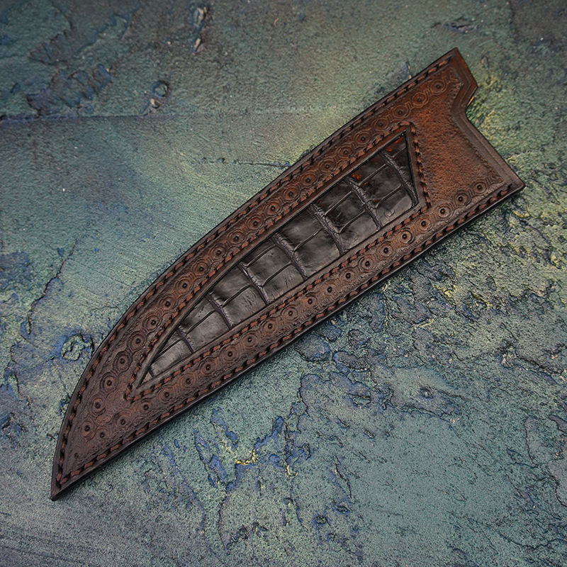 6.8 Inch Japanese Handmade Chef Knife,Damascus Steel Blade, Burl Wood Handle, Leather Case