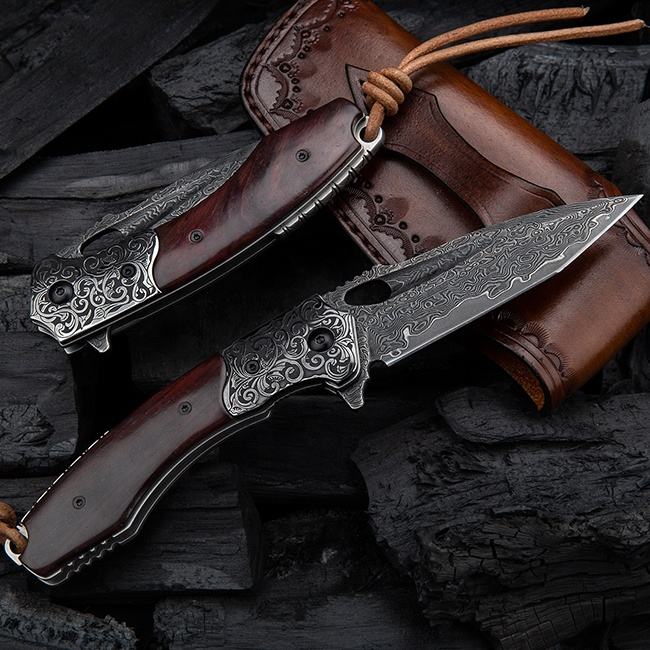 3.7 Inch Forging Handmade Edc Pocket Knives, Vg10 Damascus Steel,Rosewood Handle,Leather Sheath