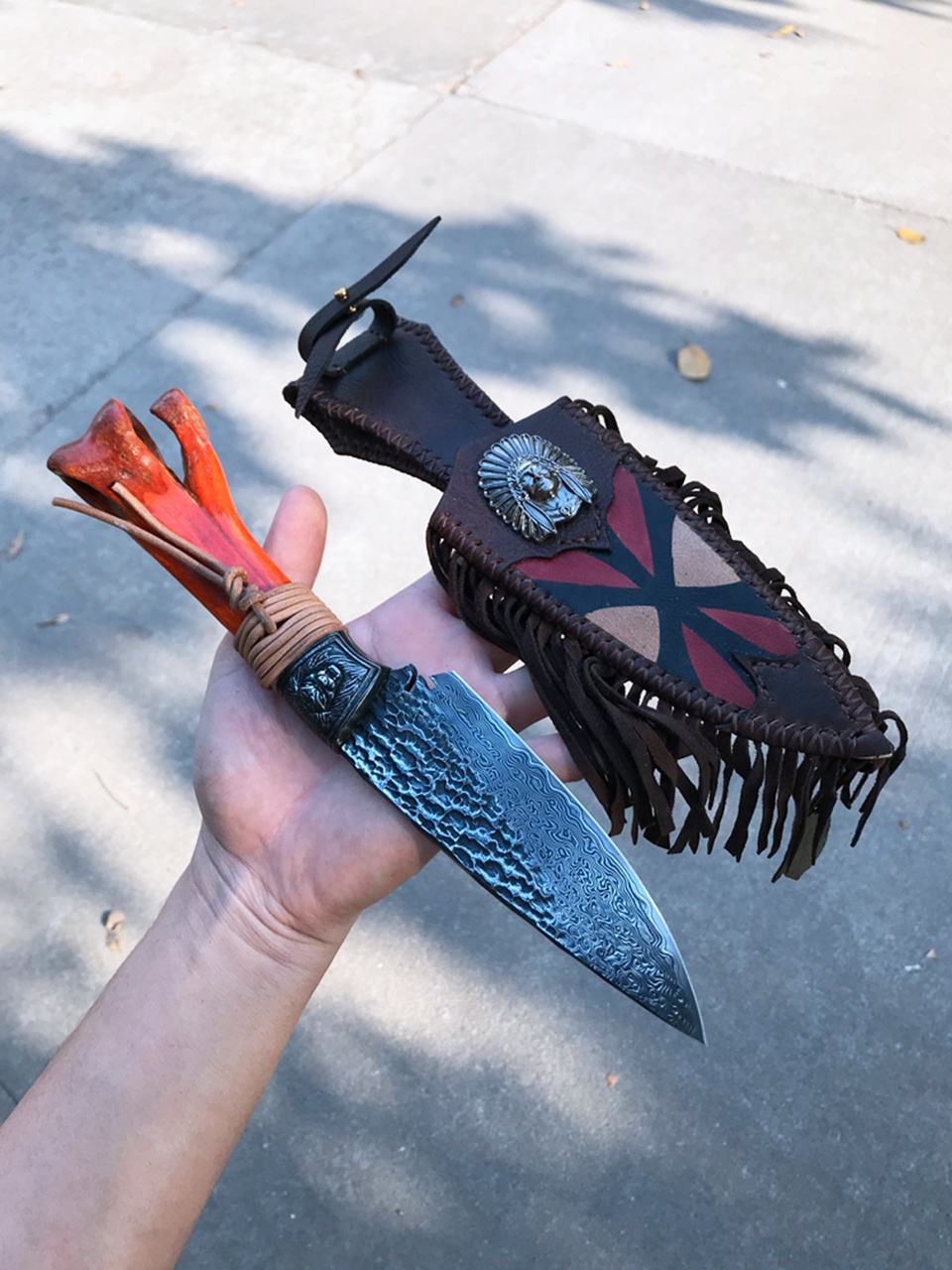 7Inch Outdoor Damascus Fixed Blade Knife, VG10 Damascus Steel, Ostrich Foot Bone Handle