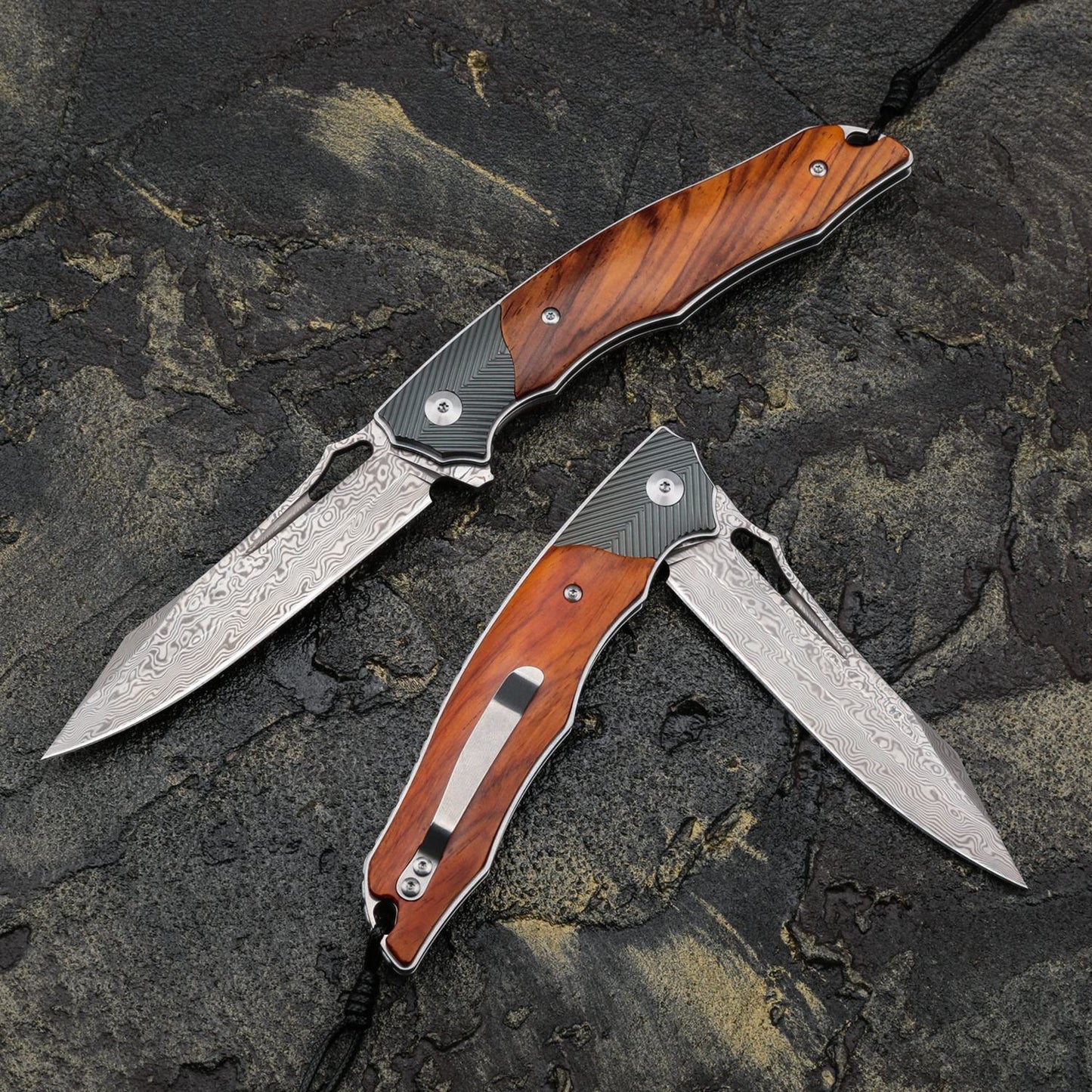 4in Handmade Folding Pocket Knife,Damascus Steel Blade,Titanium and Rosewood Handle,Liner Lock