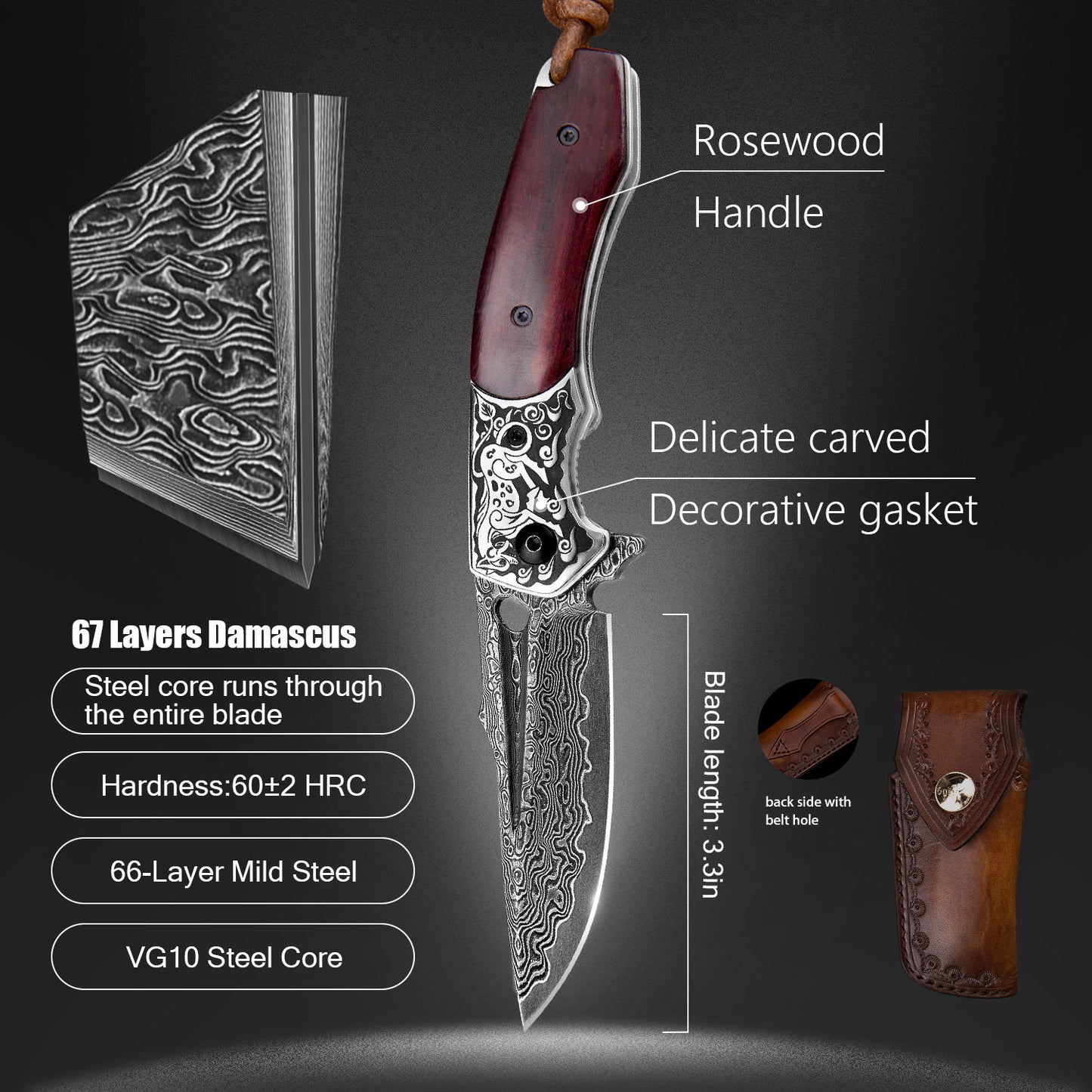 Handmade Japanese Vg10 Damascus Steel Pocket Knife,Rosewood Handle,Sheath,Liner Lock,