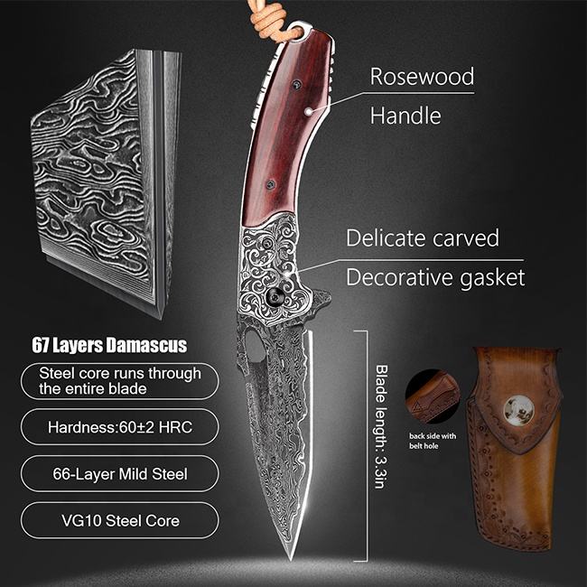 3.7 Inch Forging Handmade Edc Pocket Knives, Vg10 Damascus Steel,Rosewood Handle,Leather Sheath
