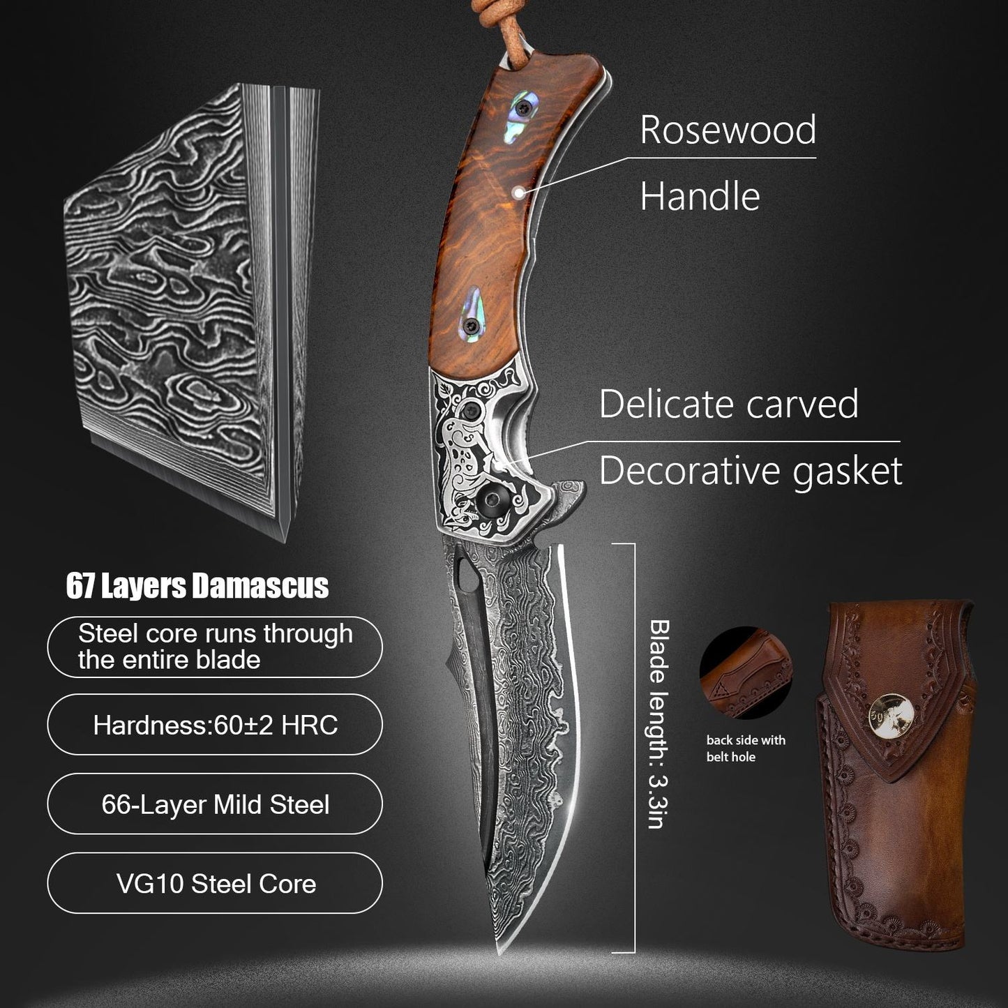 2.7 Inch Handmade Japanese VG10 Damascus Steel Folding Knife,Rosewood Liner Lock