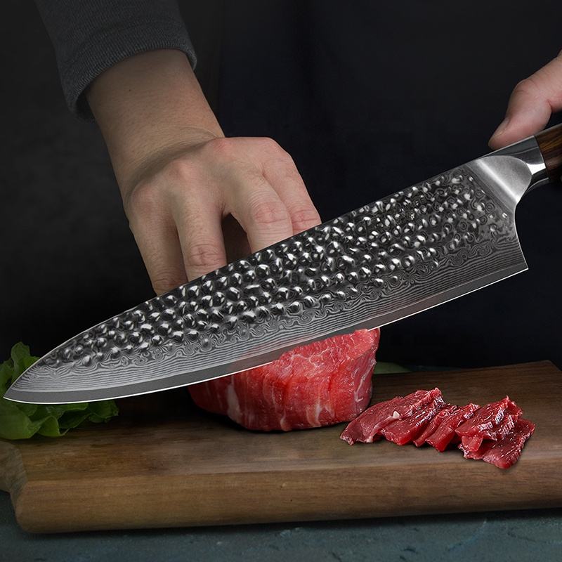 8.5 Inch Full Tang Kitchen Gyuto Knife, 73 Layers Damascus Steel, VG10 Steel Core, Iron Wood