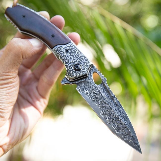 3.7 Inch Forging Handmade Edc Pocket Knives, Vg10 Damascus Steel,Rosewood Handle,Leather Sheath