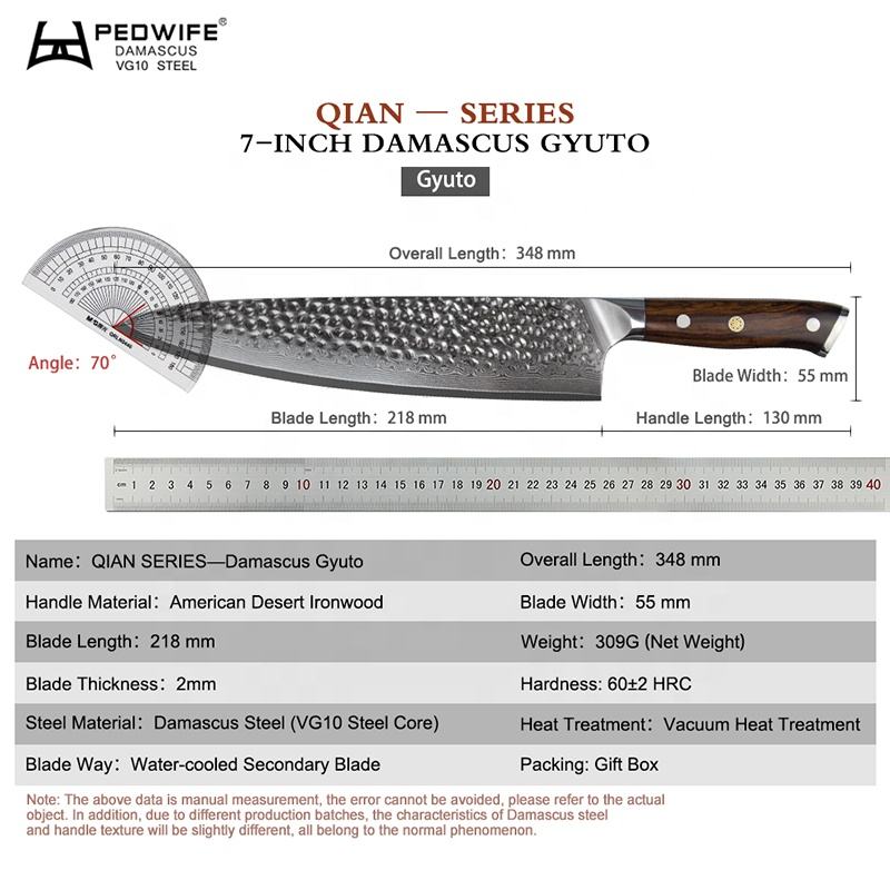 8.5 Inch Full Tang Kitchen Gyuto Knife, 73 Layers Damascus Steel, VG10 Steel Core, Iron Wood