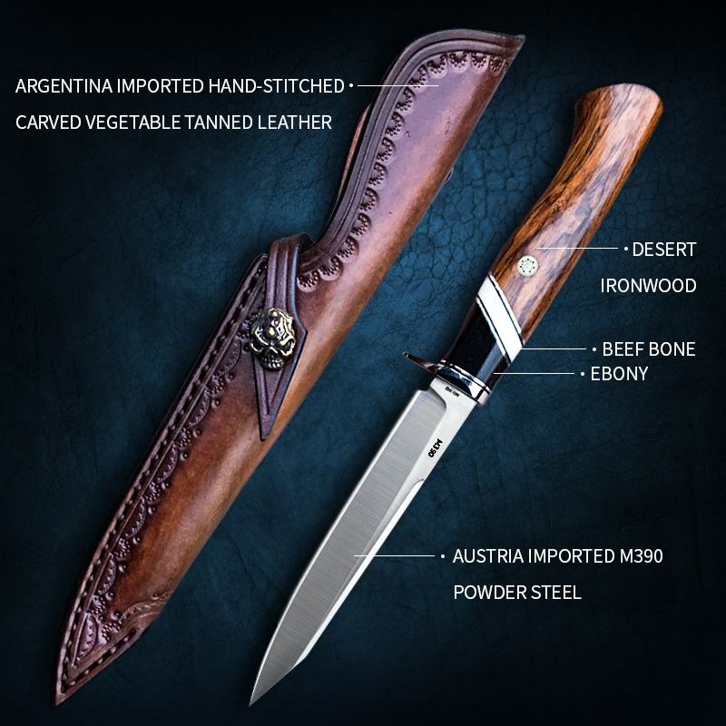 3.86Inch Camping Outdoors Fixed Blade Knife,M390 Steel Blade,Ebony and Desert Iron Wood Handle