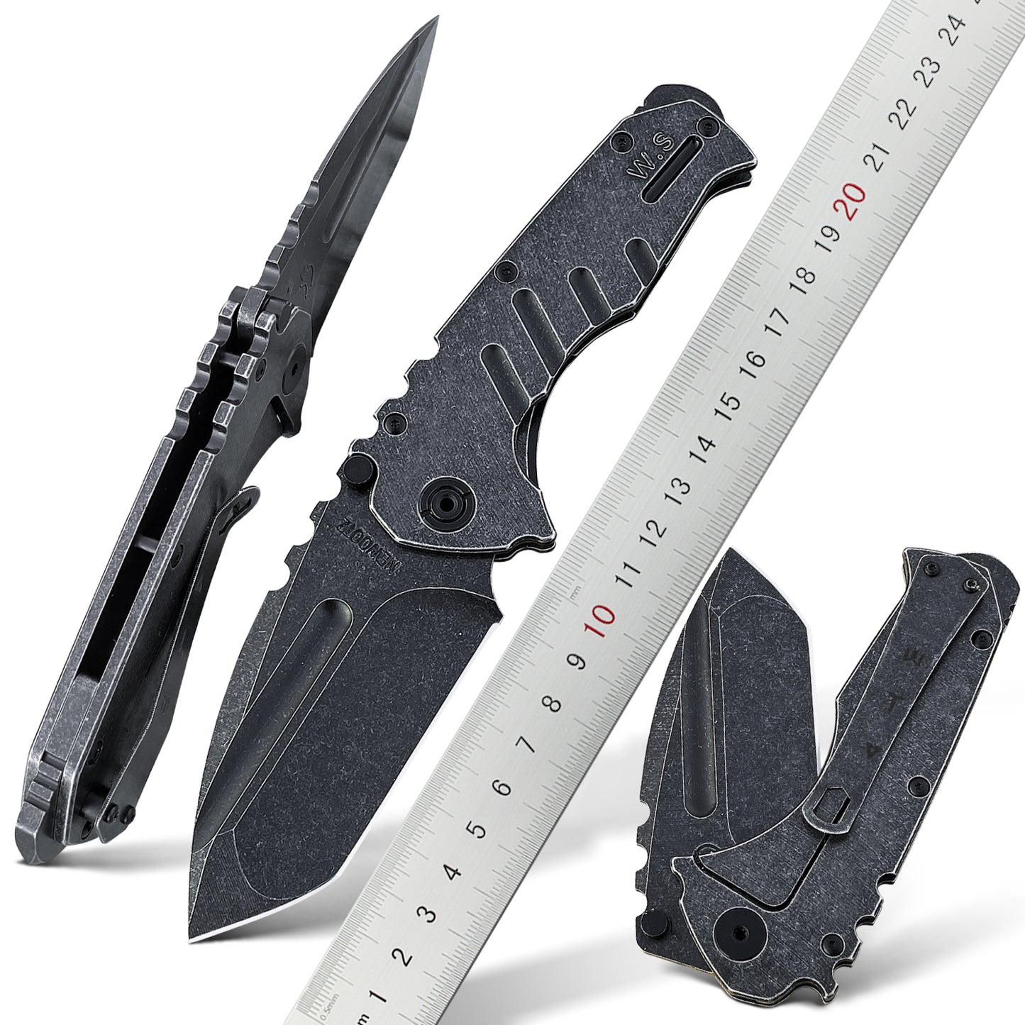 Outdoor Unique EDC Folding Knife, Assisted Open Aus-8 Steel Black Stone Wash Black Blade, Steel Handle