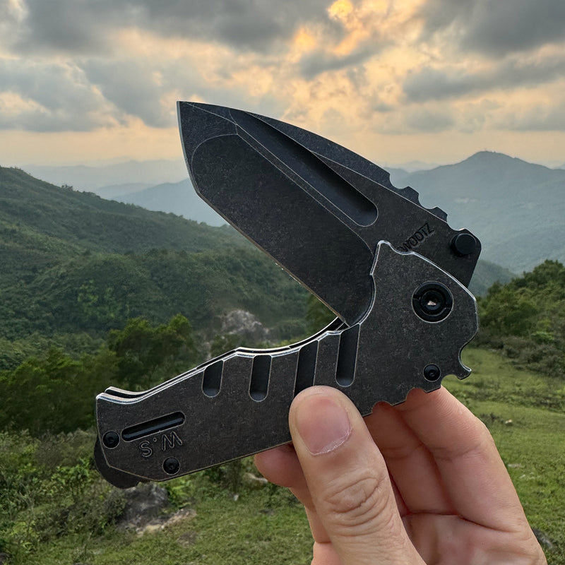 Outdoor Unique EDC Folding Knife, Assisted Open Aus-8 Steel Black Stone Wash Black Blade, Steel Handle