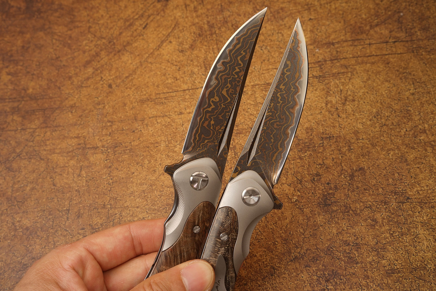VG10 Damascus Steel Folding Knife with Titanium Handle, Stabilized Wood & Shell Inlay, Handmade Premium EDC Pocket Knife with Leather Sheath