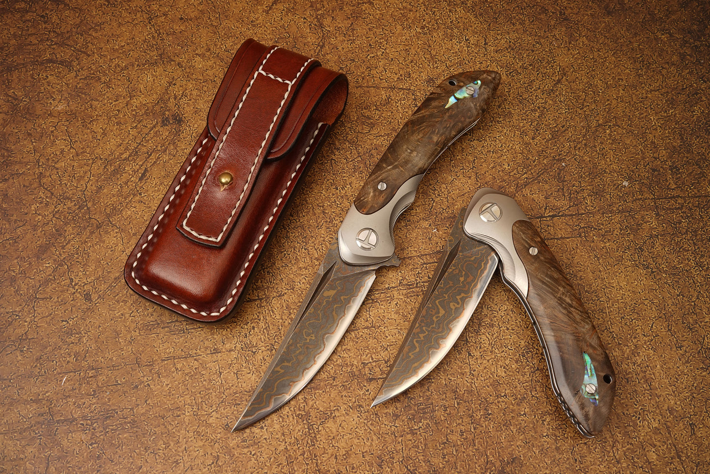 VG10 Damascus Steel Folding Knife with Titanium Handle, Stabilized Wood & Shell Inlay, Handmade Premium EDC Pocket Knife with Leather Sheath