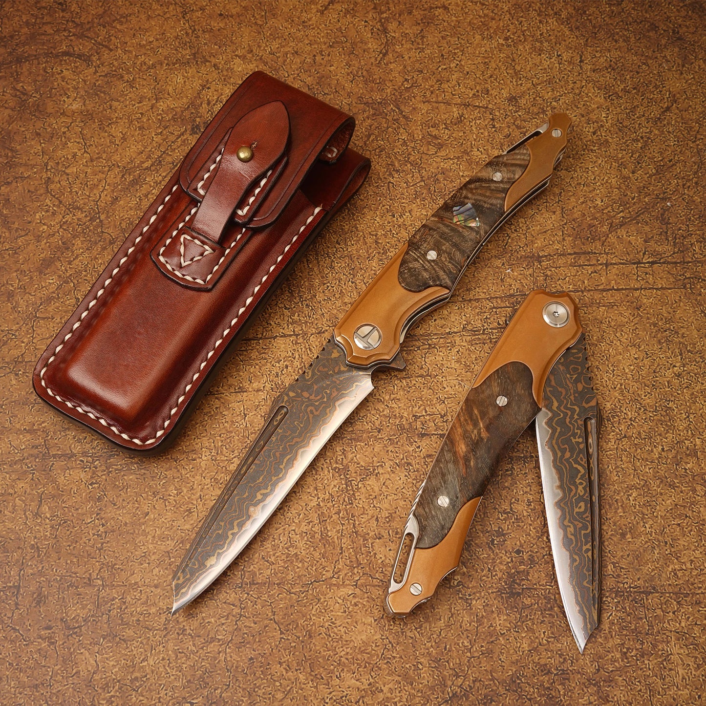 NEWOOTZ high-quality copper Damascus steel stable wooden handle with shell and leather cover EDC camping survival folding knife
