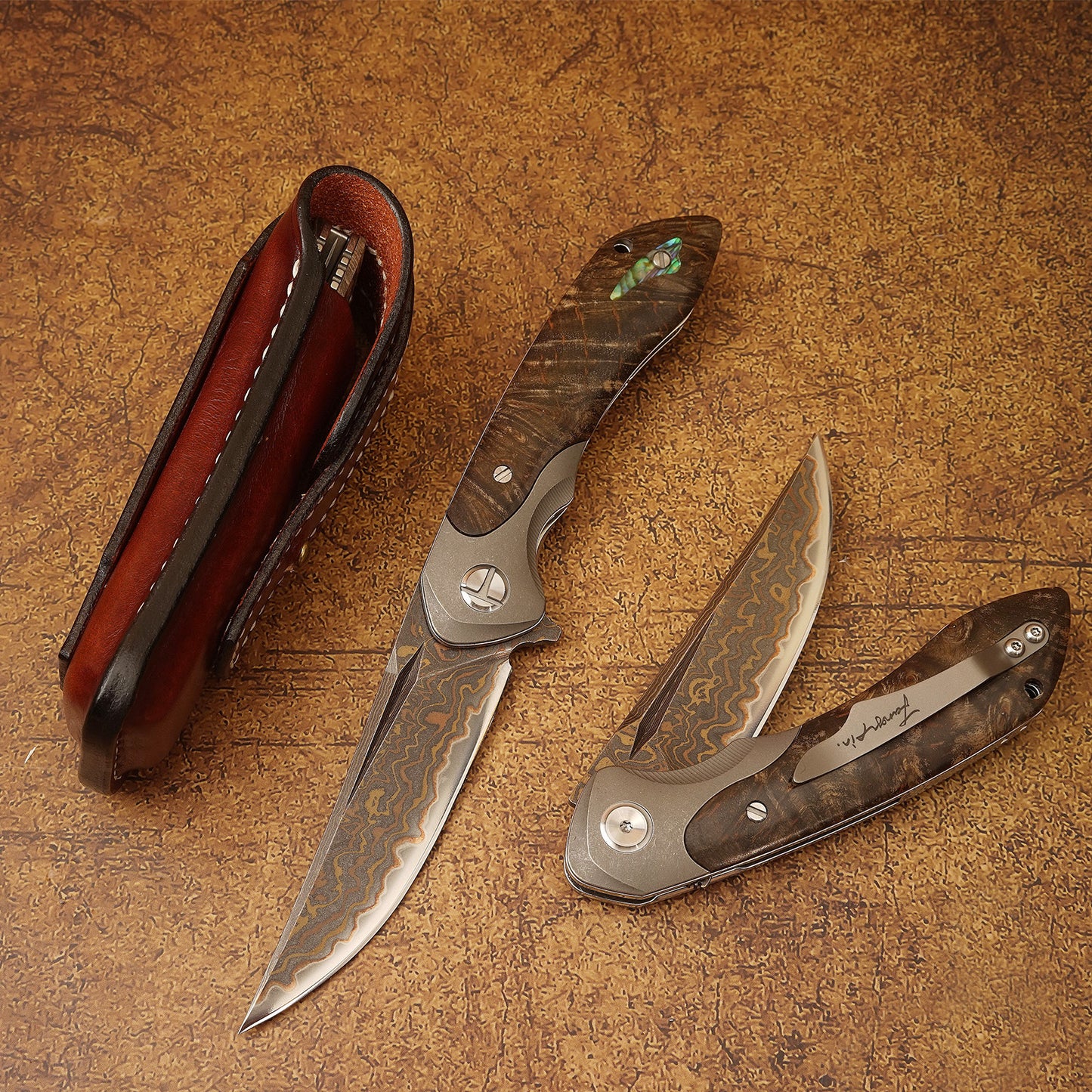Handmade VG10 Core Damascus Folding Knife, TC4 Titanium Handle with Stabilized Wood & Shell, Cloud Pattern Blade, Premium EDC Pocket Knife