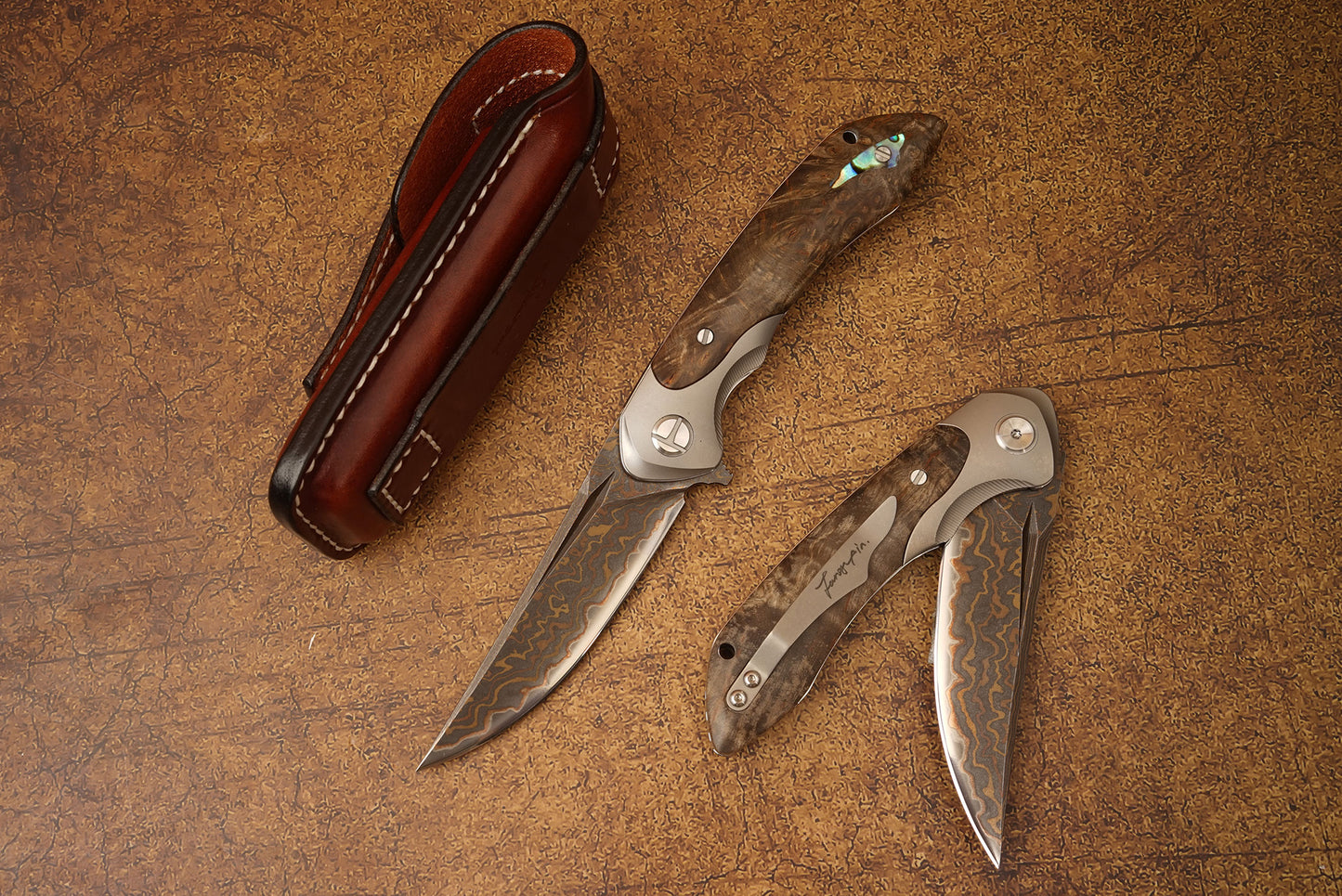 VG10 Damascus Steel Folding Knife with Titanium Handle, Stabilized Wood & Shell Inlay, Handmade Premium EDC Pocket Knife with Leather Sheath