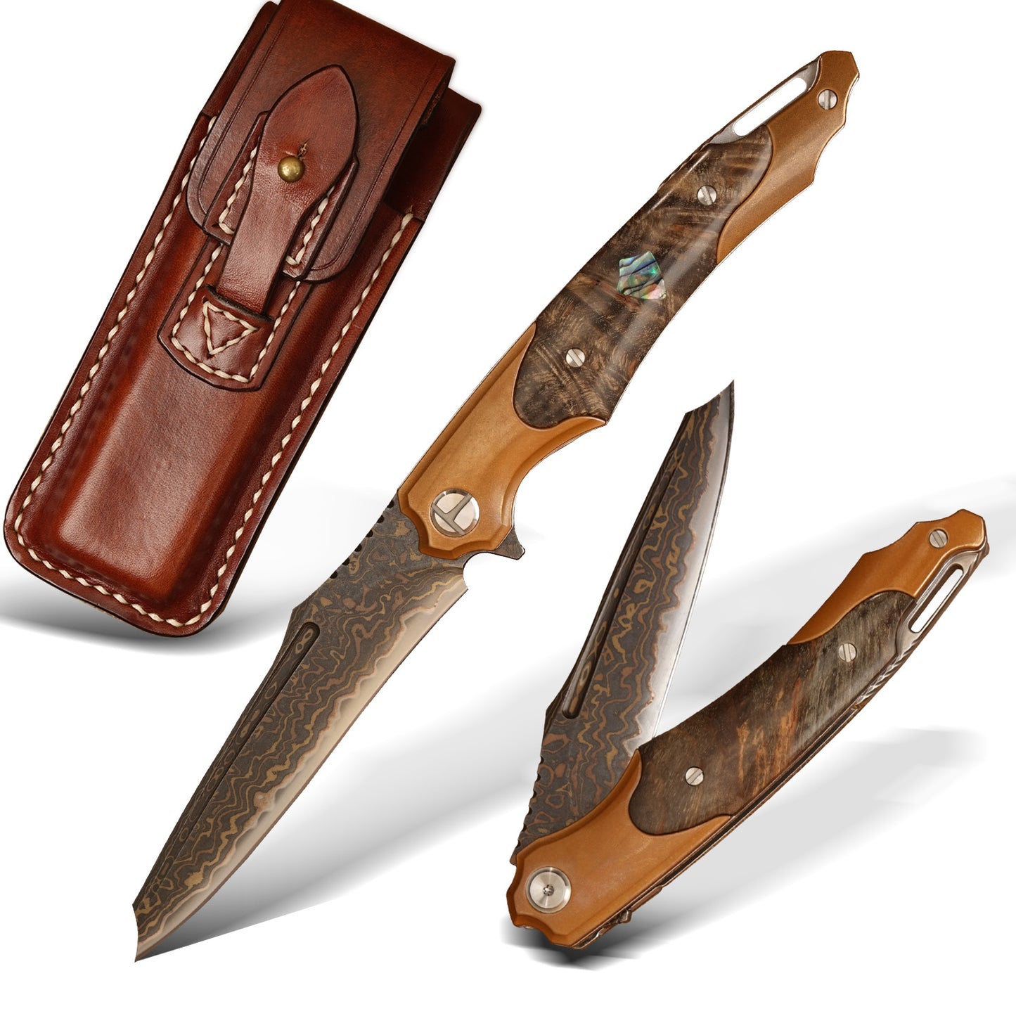 NEWOOTZ high-quality copper Damascus steel stable wooden handle with shell and leather cover EDC camping survival folding knife