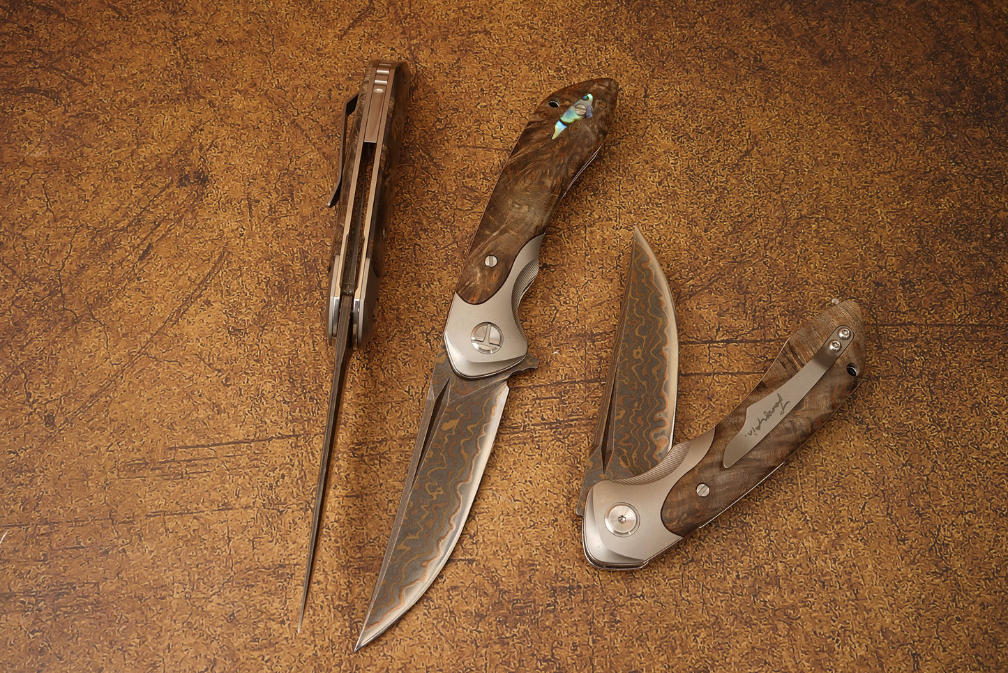 VG10 Damascus Steel Folding Knife with Titanium Handle, Stabilized Wood & Shell Inlay, Handmade Premium EDC Pocket Knife with Leather Sheath