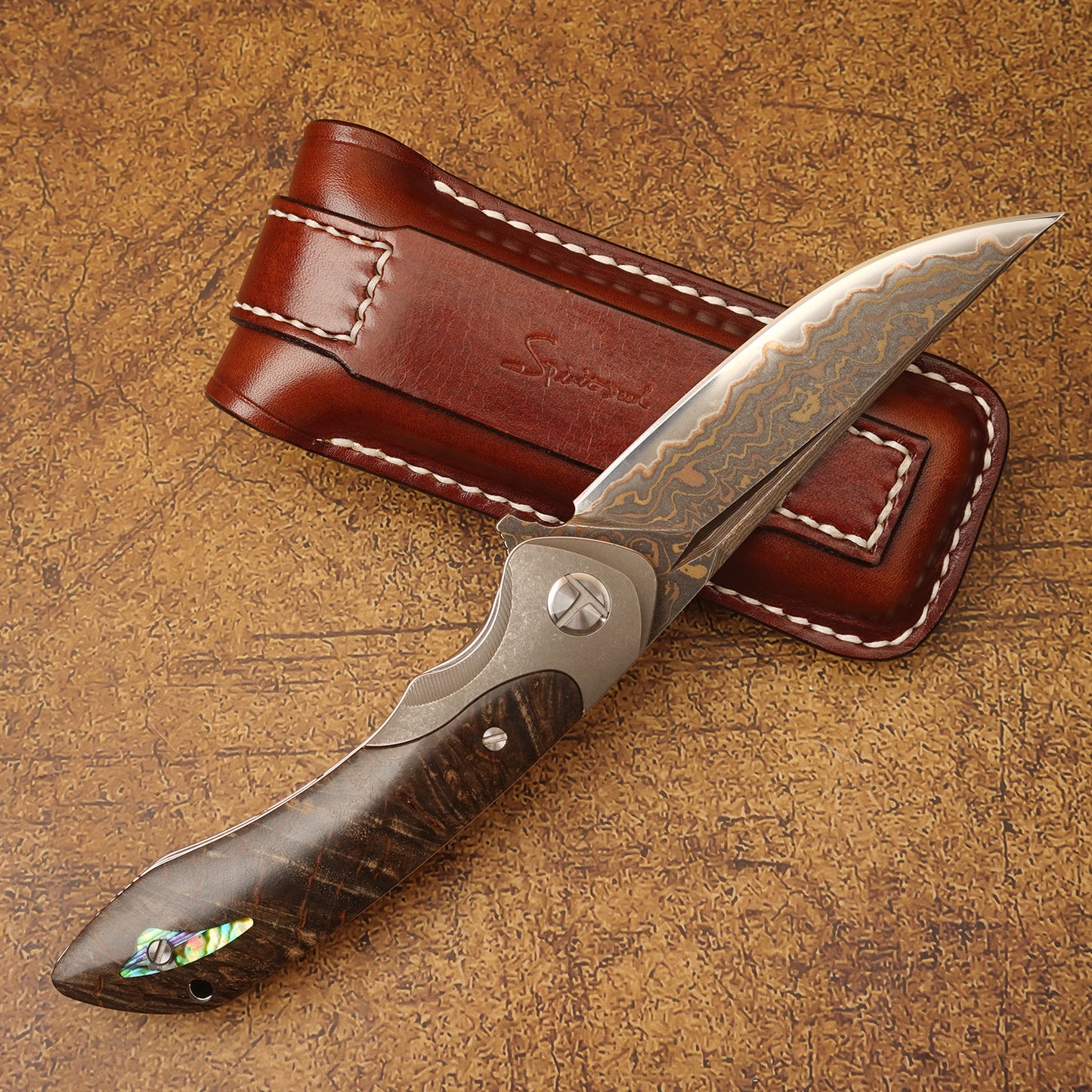Handmade VG10 Core Damascus Folding Knife, TC4 Titanium Handle with Stabilized Wood & Shell, Cloud Pattern Blade, Premium EDC Pocket Knife