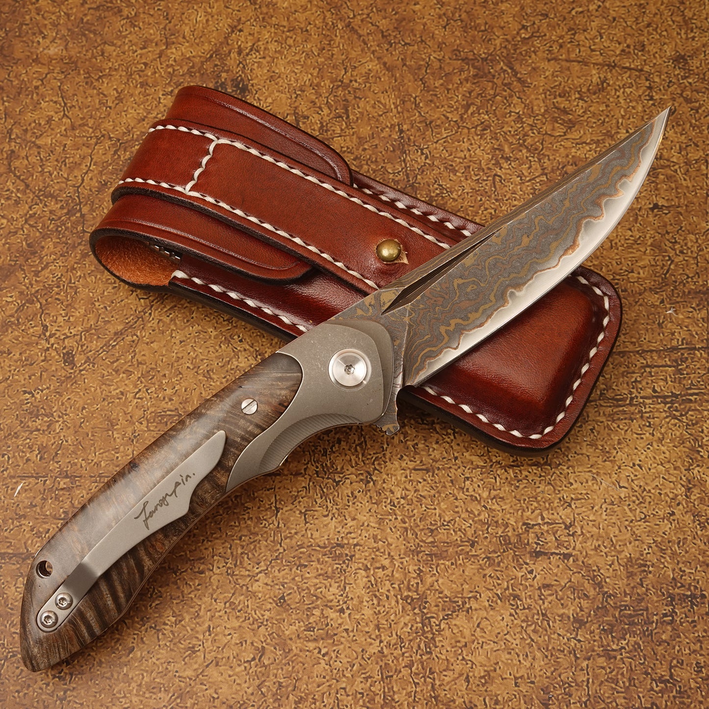 Handmade VG10 Core Damascus Folding Knife, TC4 Titanium Handle with Stabilized Wood & Shell, Cloud Pattern Blade, Premium EDC Pocket Knife