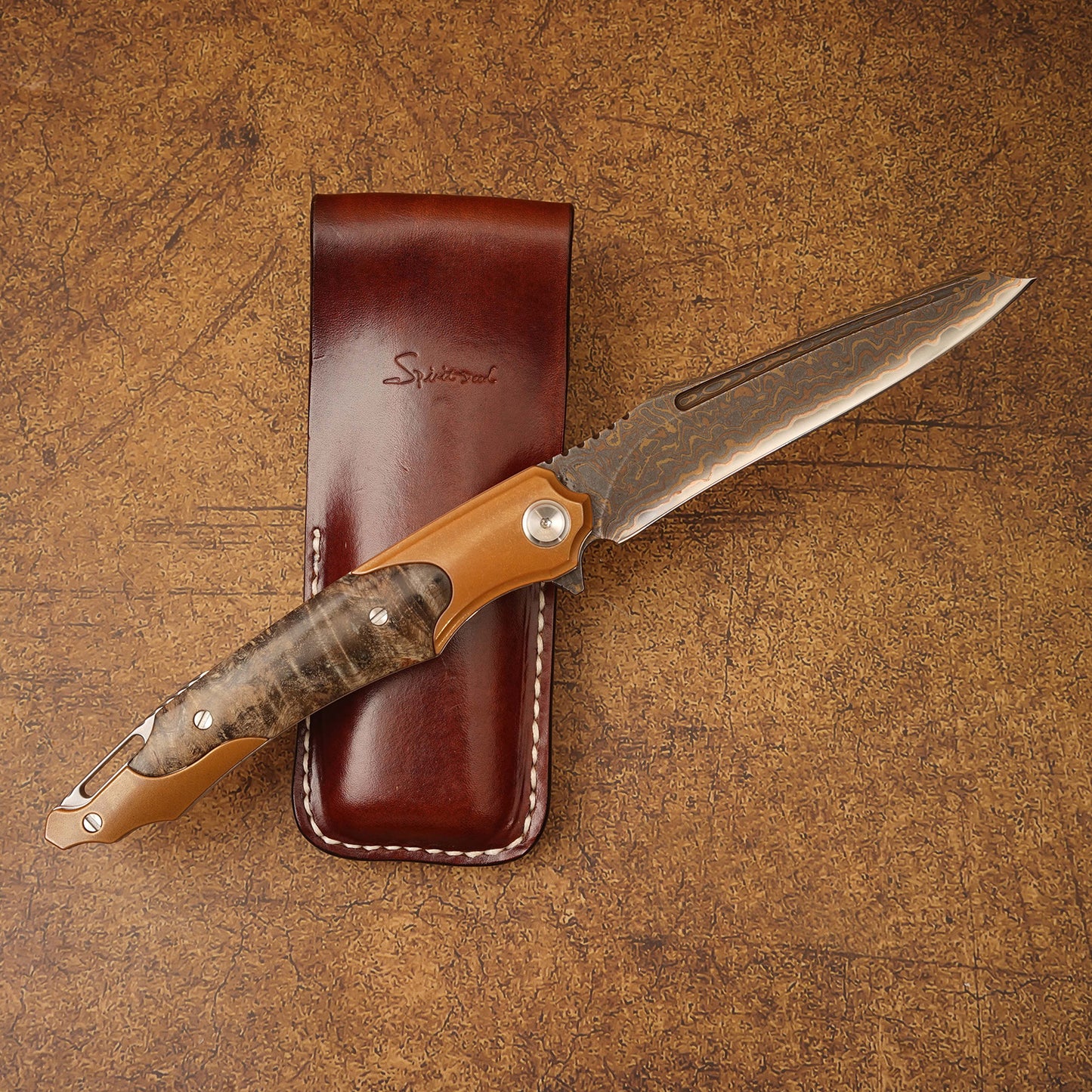 NEWOOTZ high-quality copper Damascus steel stable wooden handle with shell and leather cover EDC camping survival folding knife
