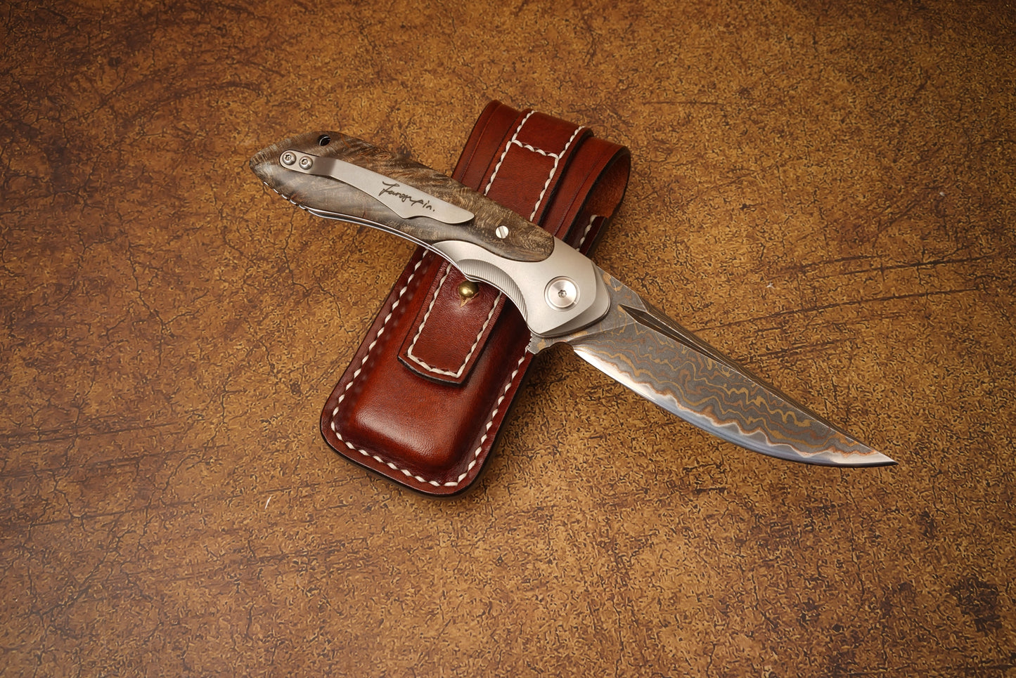 VG10 Damascus Steel Folding Knife with Titanium Handle, Stabilized Wood & Shell Inlay, Handmade Premium EDC Pocket Knife with Leather Sheath
