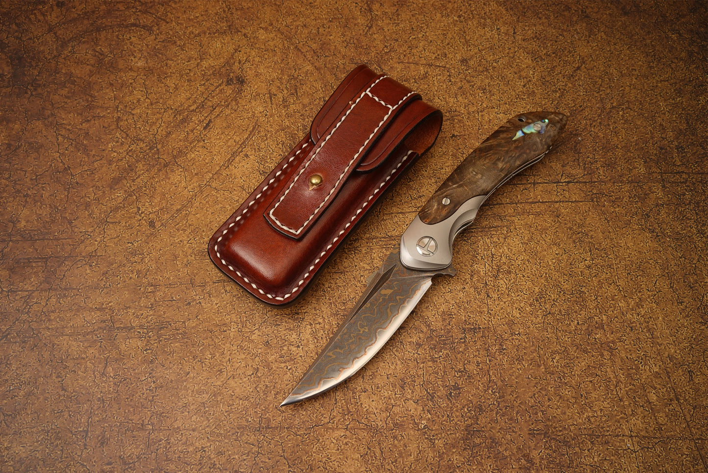 VG10 Damascus Steel Folding Knife with Titanium Handle, Stabilized Wood & Shell Inlay, Handmade Premium EDC Pocket Knife with Leather Sheath