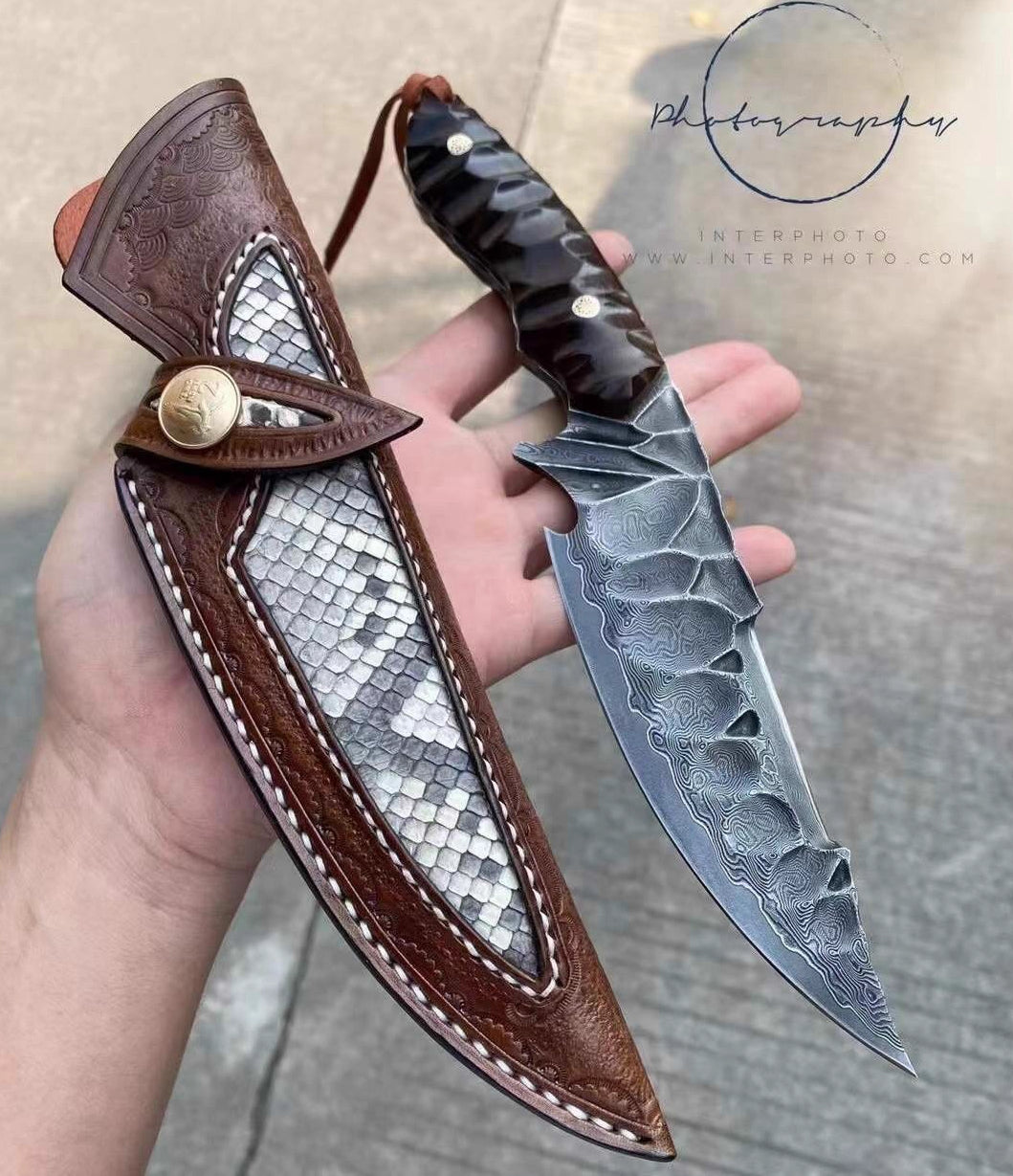 3.39 Inch Outdoor Full Tang Fixed Blade Knife, 67 Layers VG10 Steel, Ebony Wood Handle