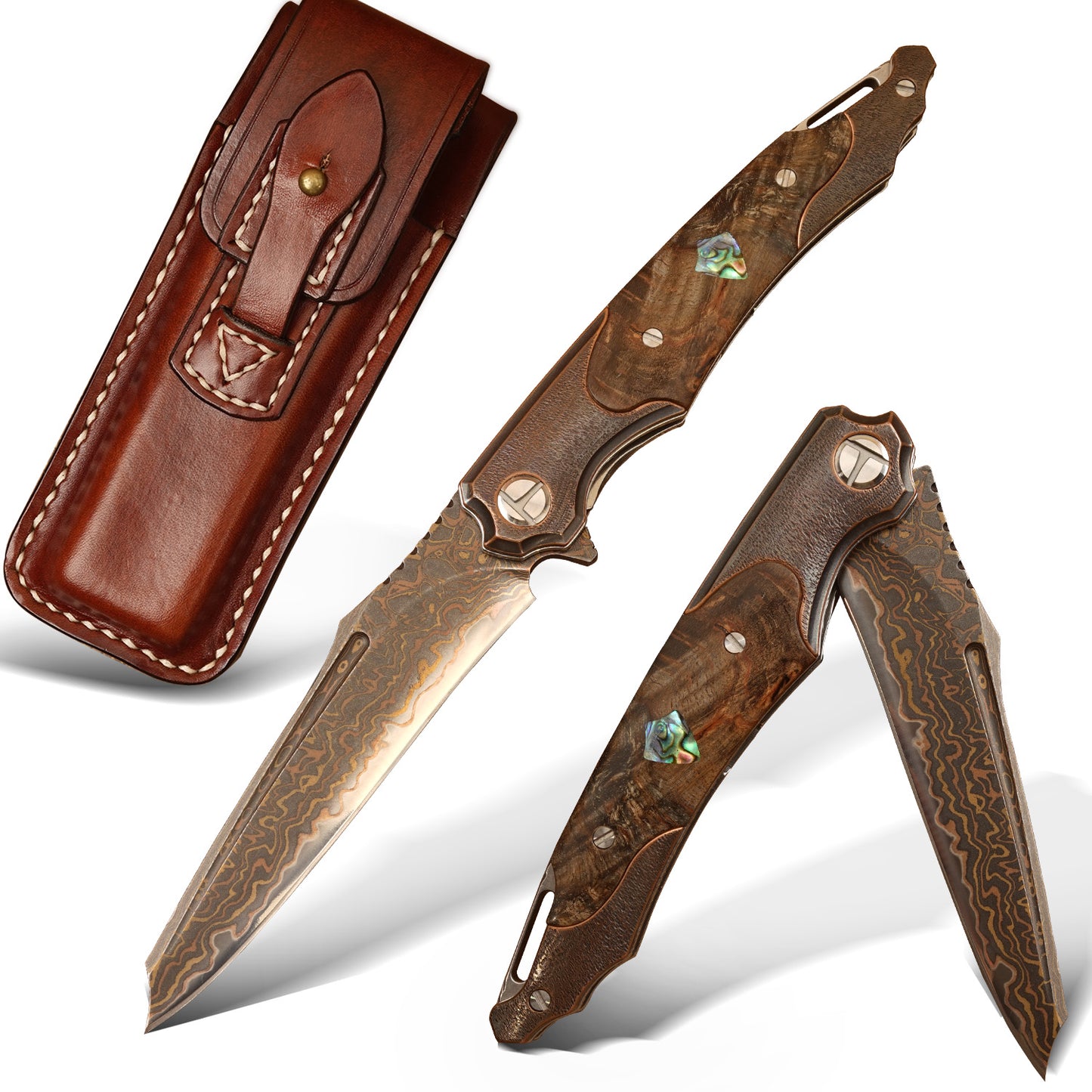 NEWOOTZ Antique Bronze Damascus Blade Knife VG10 Core Aged Copper & Wood Handle, Handmade Leather Sheath