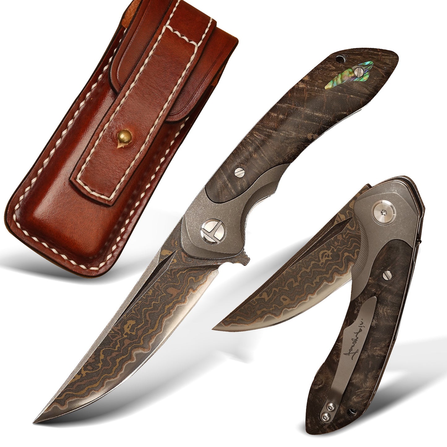 Handmade VG10 Core Damascus Folding Knife, TC4 Titanium Handle with Stabilized Wood & Shell, Cloud Pattern Blade, Premium EDC Pocket Knife